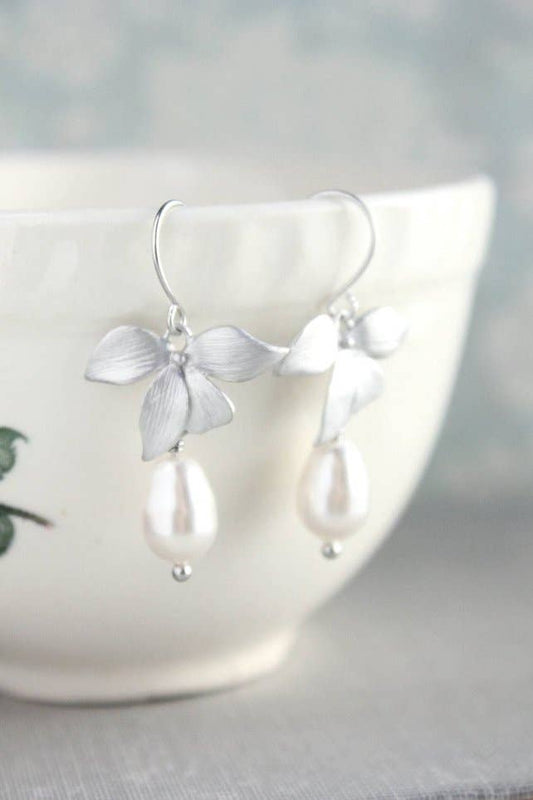 A Pocket of Posies - Silver Orchid Flower Earrings - Long Wire - White Pearl: Short