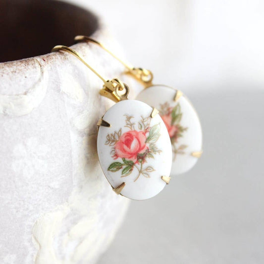 A Pocket of Posies - Pink Rose Oval Cameo Earrings - Vintage Glass