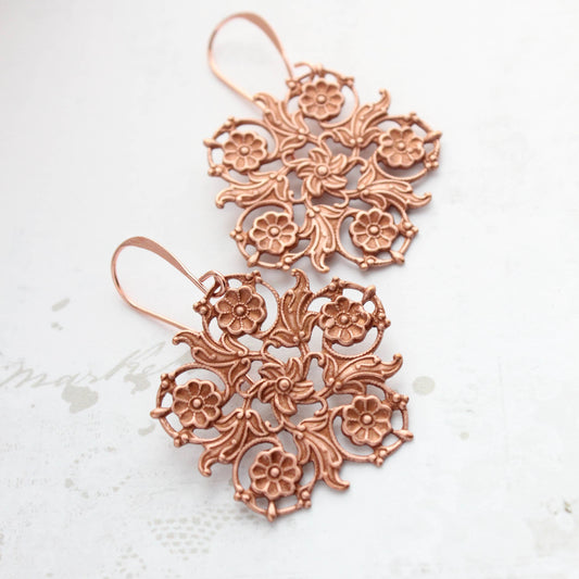 A Pocket of Posies - Rustic Filigree Earrings  Rose Copper