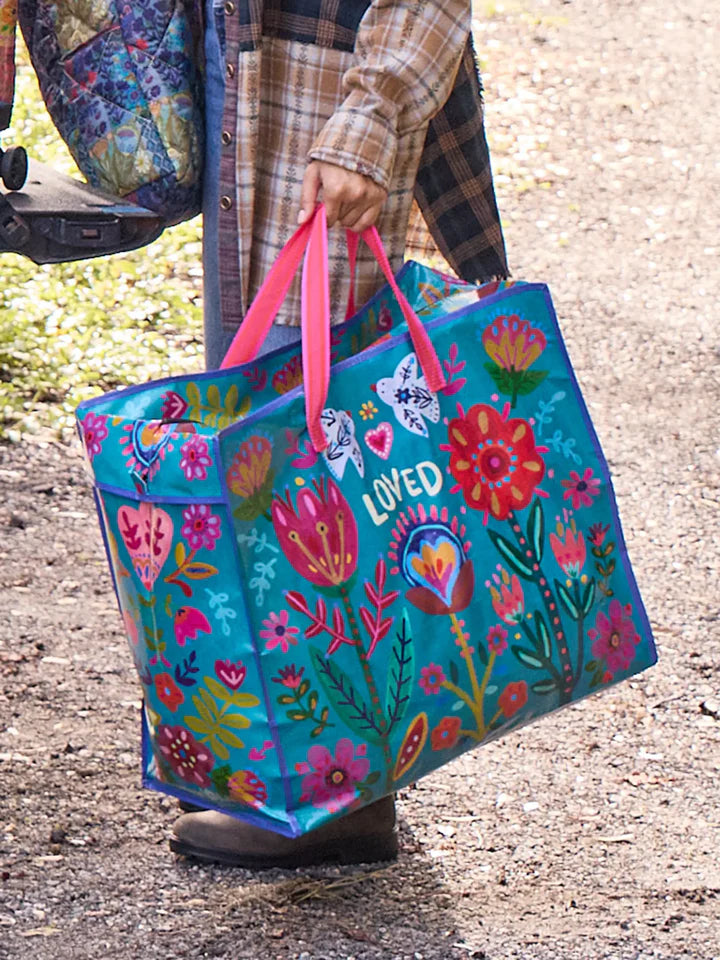 Jumbo Tote Bag in Teal Floral "Loved"