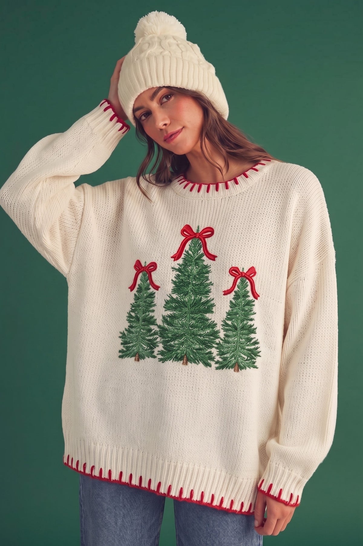 Whip Stiitch Edge Christmas Tree Sweater