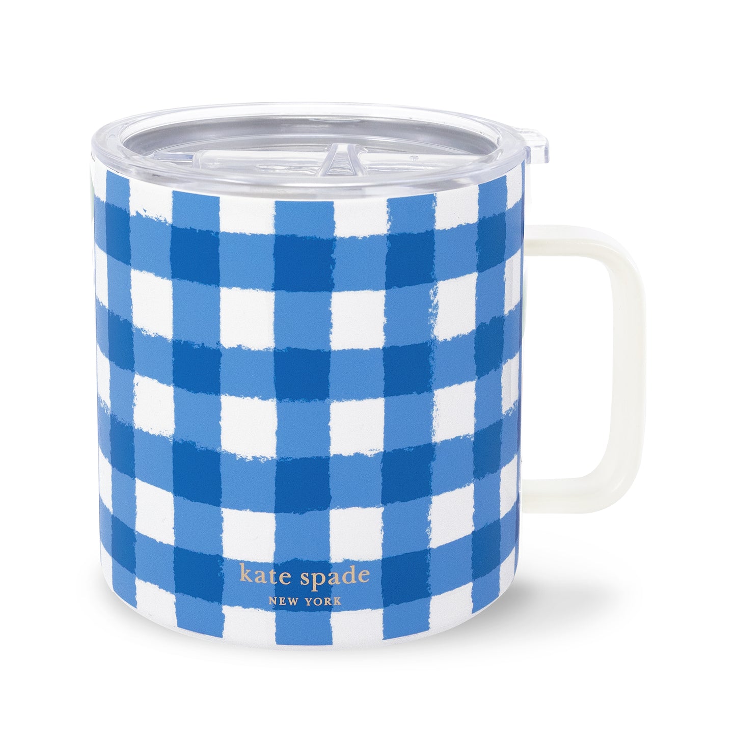 Stainless Steel Coffee Mug, Blue Gingham
