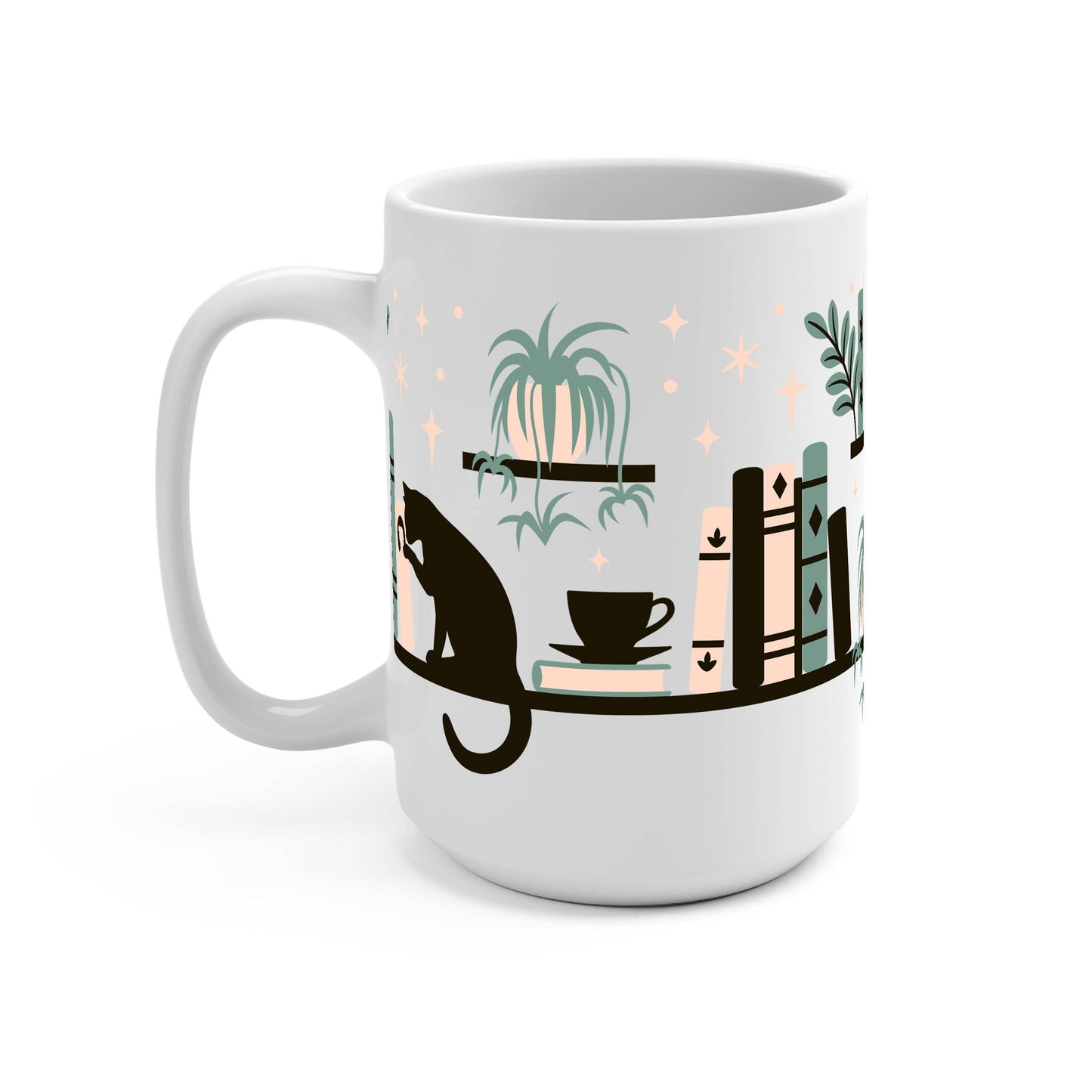 Book Shelves With Kitty and Plants Glass Cup, Mug & Tumbler