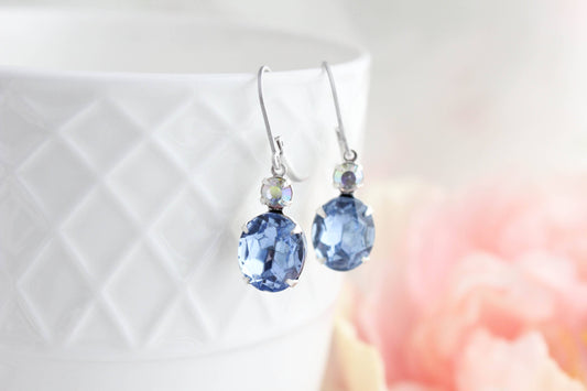 A Pocket of Posies - Oval Drop Earrings - Vintage Glass - Light Sapphire Blue