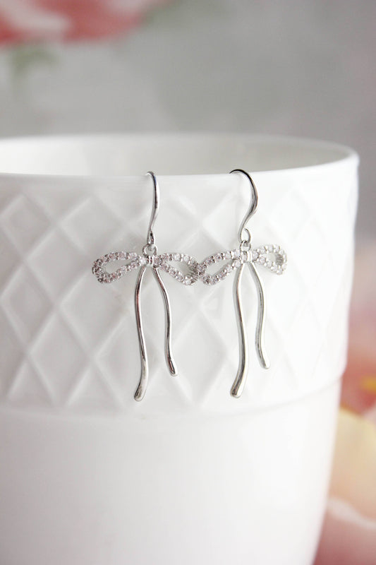 A Pocket of Posies - Bow Earrings | Sparkling Rhinestone Earrings : Silver Plated