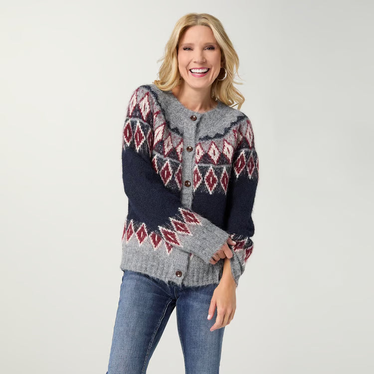 Kuna Button Front Cardigan - Navy/Rumba Red