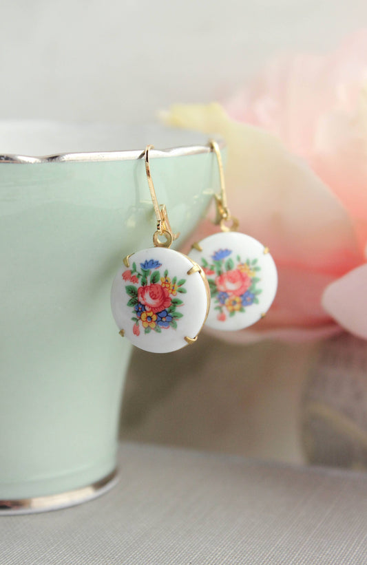 A Pocket of Posies - Round Floral Cameo Earrings - Blue and Pink Flowers