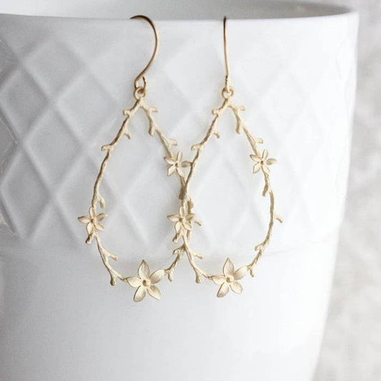 A Pocket of Posies - Twig and Flower Hoop Earrings: Gold