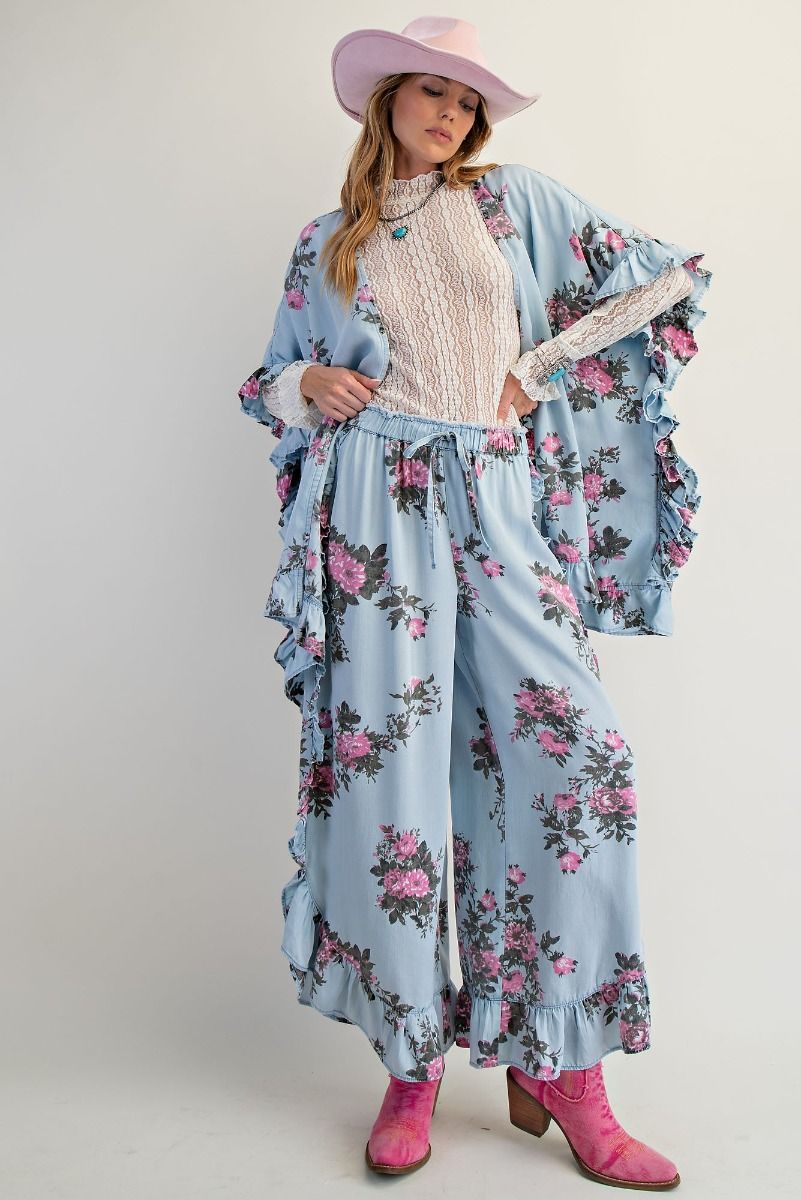 Floral Chambray Ruffled Pant