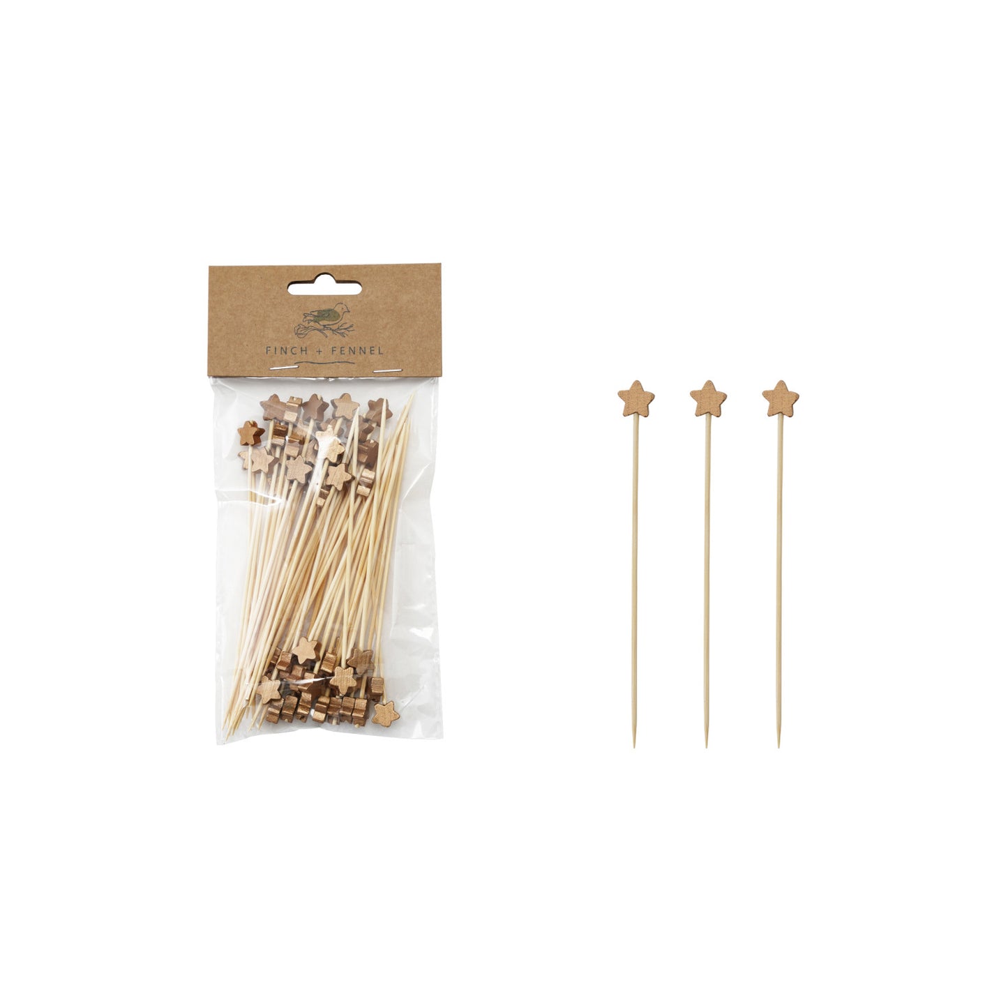 Bamboo Single Use Skewers withGold Star Shaped Handles, Set of 50