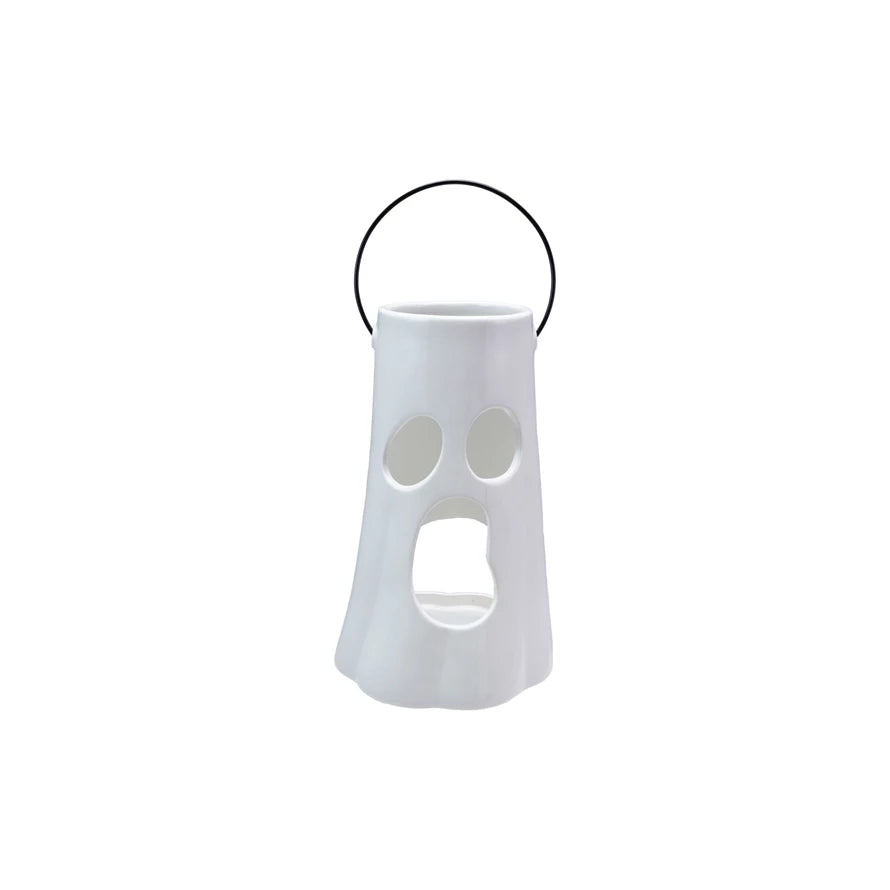 Ceramic Lantern w/ Cut-Out Ghost Face & Metal Handle, White