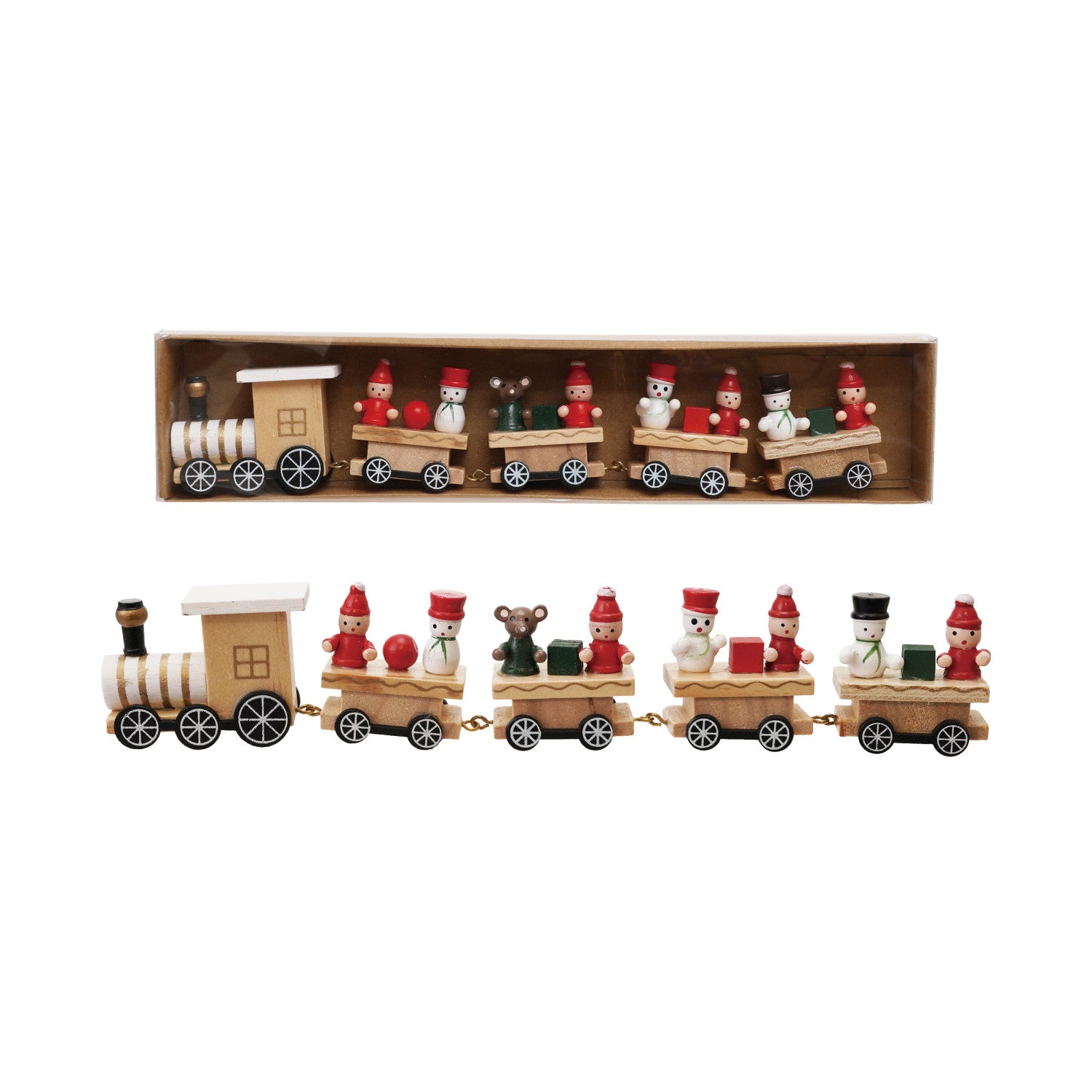 8-3/4"W x 2"H Wood Train with Holiday Passengers, Boxed Set of 5