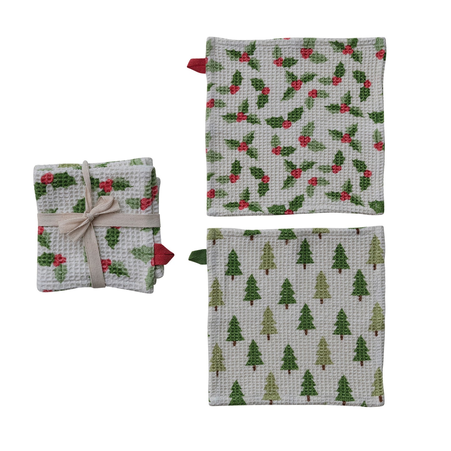 Waffle Weave Dish Coths, Holly and Trees