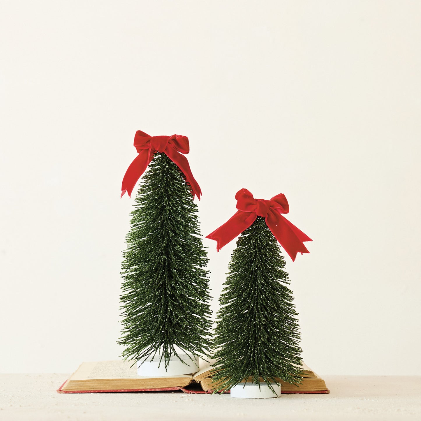 Plastic Bottle Brush Tree with Glitter, Velvet Bow & MDF Base