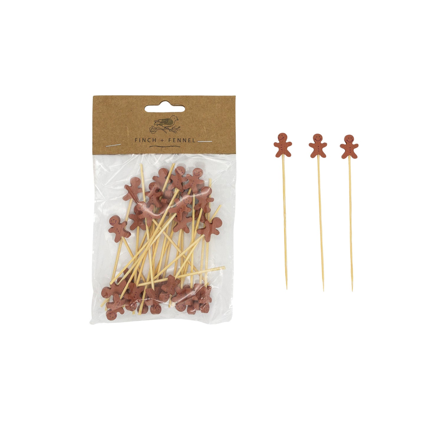 Bamboo Single Use Skewers with Gingerbread Shaped Handles, Set of 50