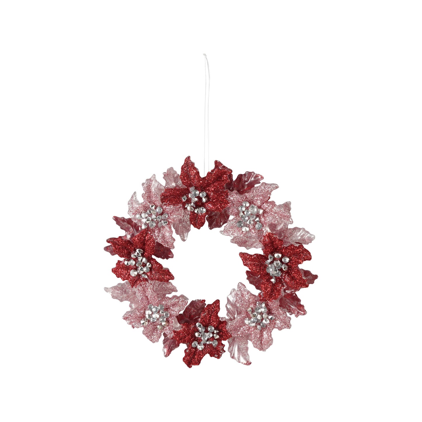 Poinsettia Wreath Ornament with Glitter, Red & Pink