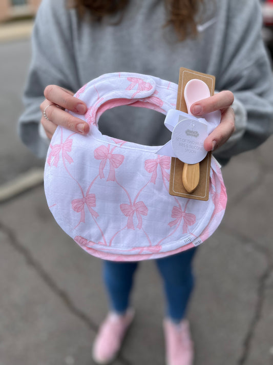 Bow Muslin Baby Bib Set with Silicone Spoon