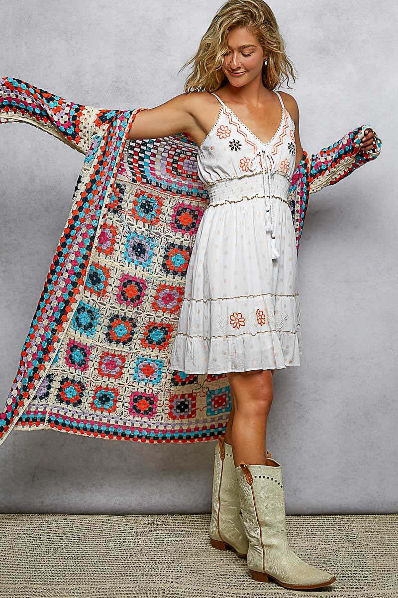Long Sleeve Crochet Granny Square Duster