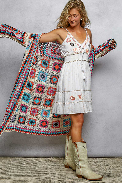 Long Sleeve Crochet Granny Square Duster