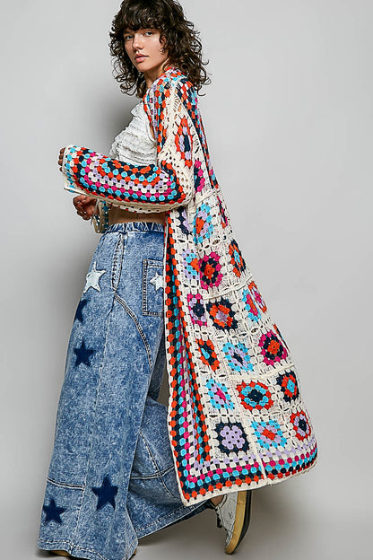 Long Sleeve Crochet Granny Square Duster