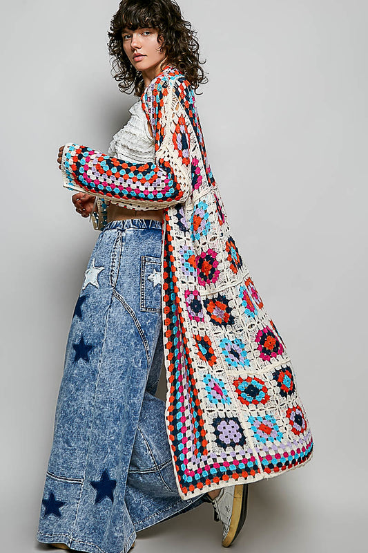 Long Sleeve Crochet Granny Square Duster