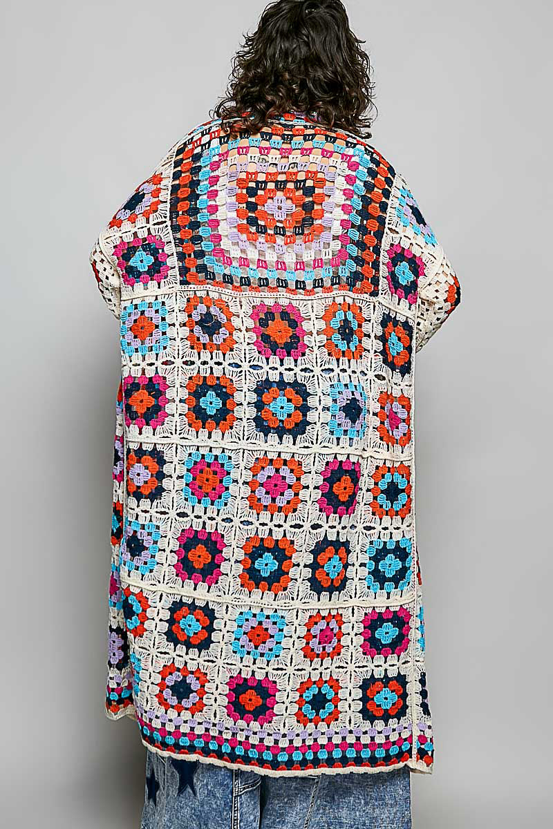 Long Sleeve Crochet Granny Square Duster