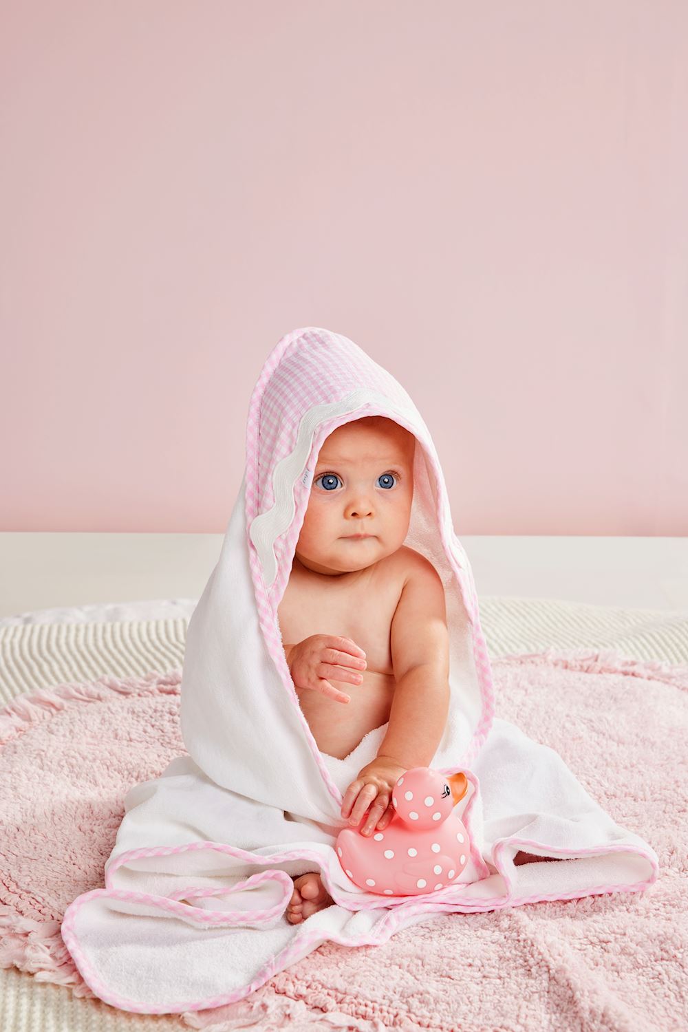Hooded Bath towel trimmed in Gingham