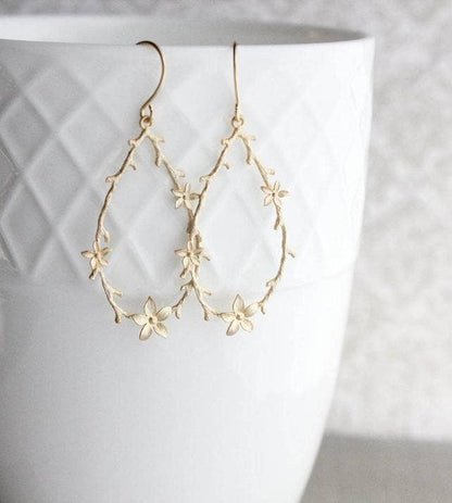 A Pocket of Posies - Twig and Flower Hoop Earrings: Gold