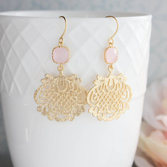 A Pocket of Posies - Gold Filigree Earrings - Pink Glass Jewel: Pink
