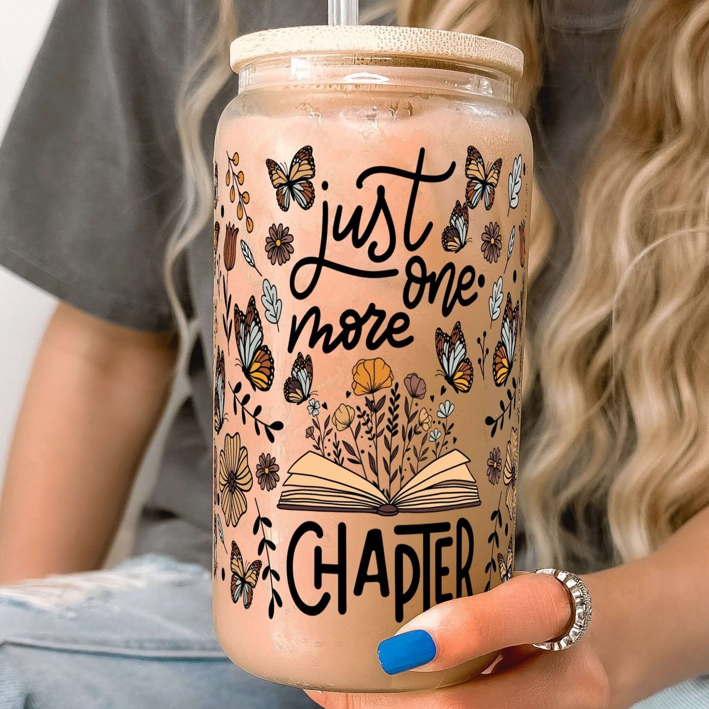 Just One More Chapter 16oz Glass Can Cup With Lid and Straw