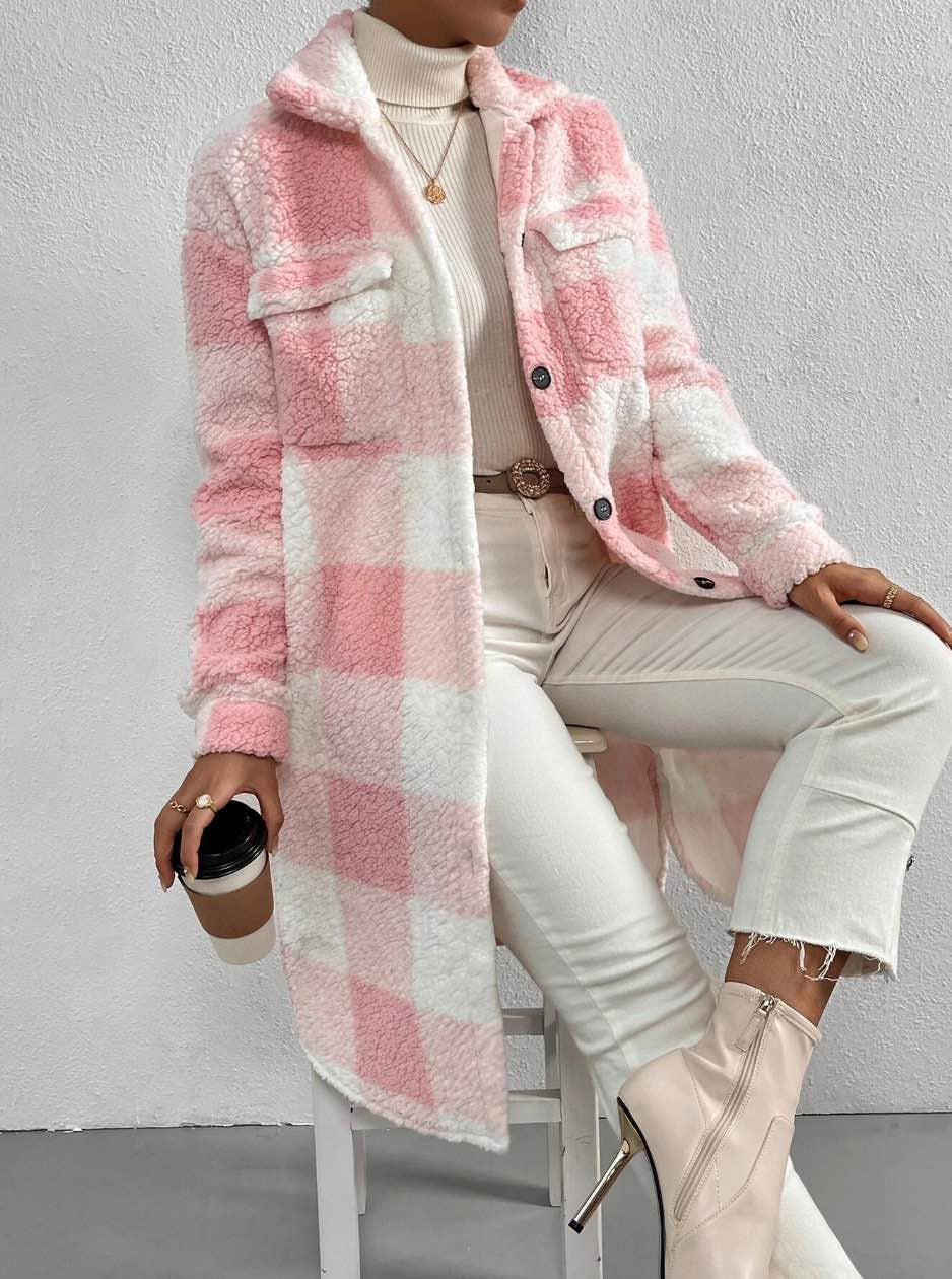 Pink Check Sherpa Long Jacket