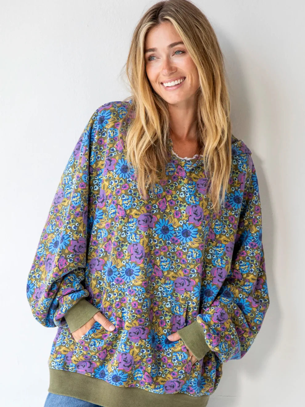 Oversized Printed Hoodie in Blue Purple Daisy Print
