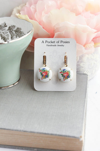 A Pocket of Posies - Round Floral Cameo Earrings - Blue and Pink Flowers