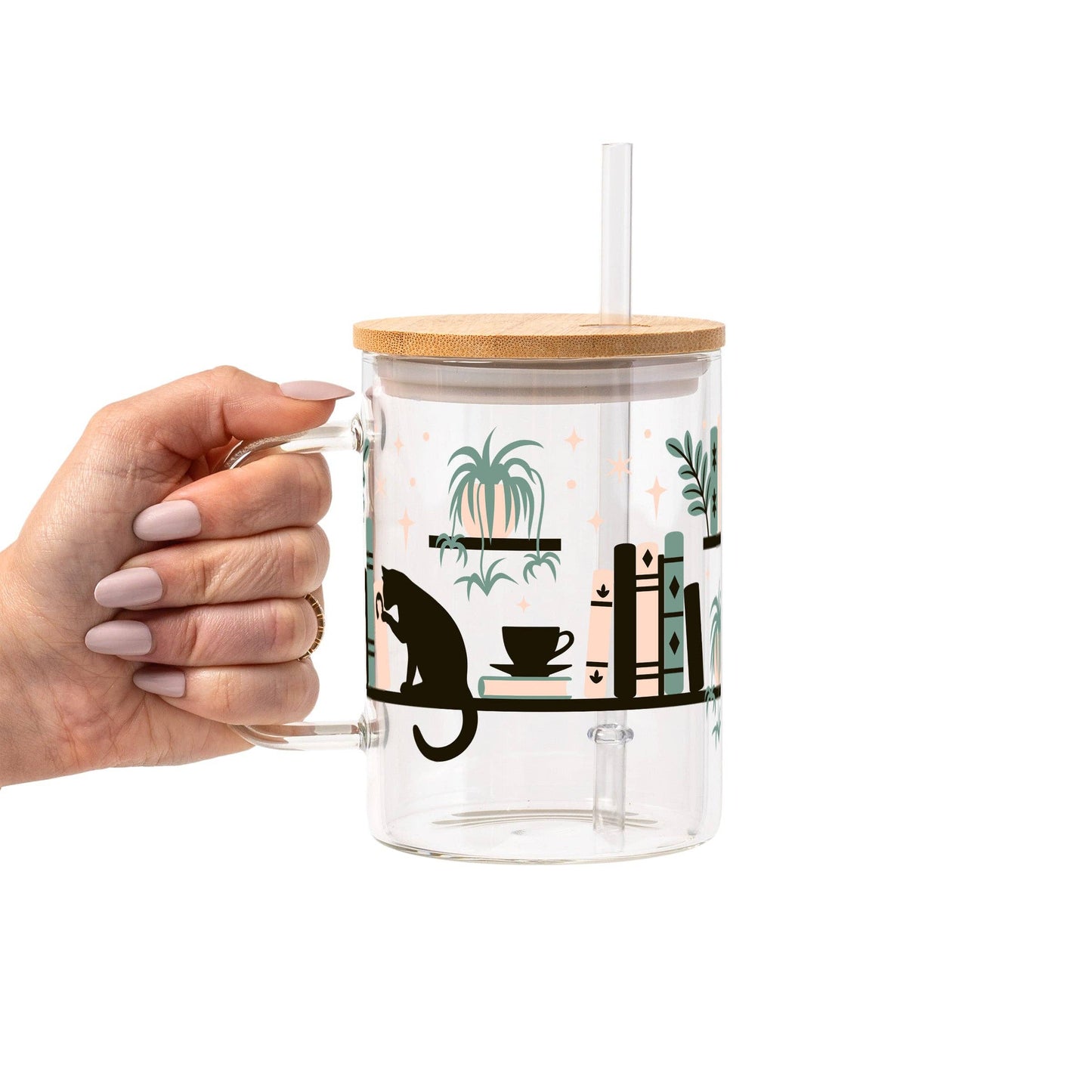 Book Shelves With Kitty and Plants Glass Cup, Mug & Tumbler