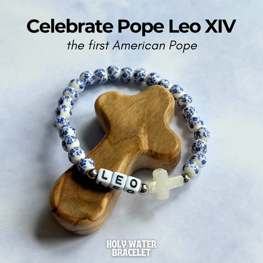 Holy Water Bracelet - HOLY WATER POPE LEO CROSS BRACELET IN BLUE PORCELAIN : Gold