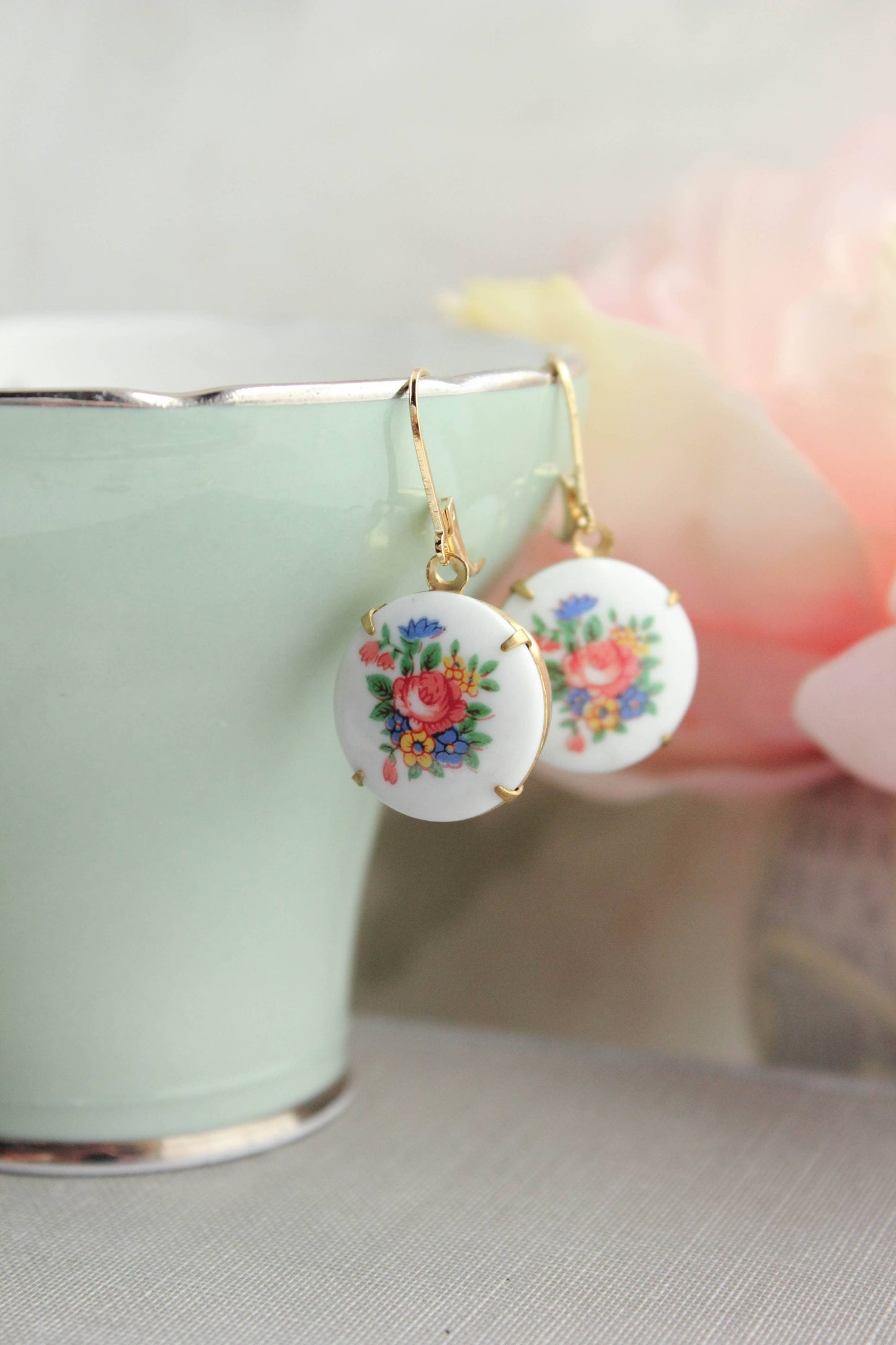 A Pocket of Posies - Round Floral Cameo Earrings - Blue and Pink Flowers