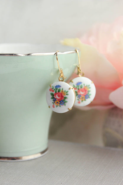 A Pocket of Posies - Round Floral Cameo Earrings - Blue and Pink Flowers