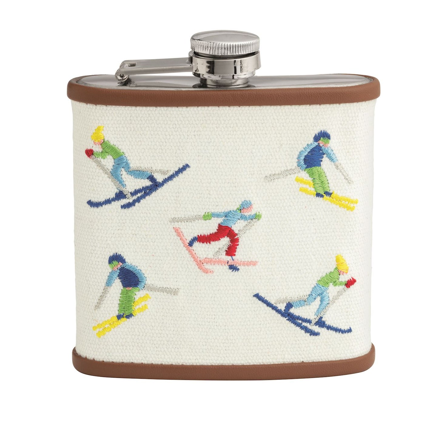 Tossed Skiers Needlepoint Flask