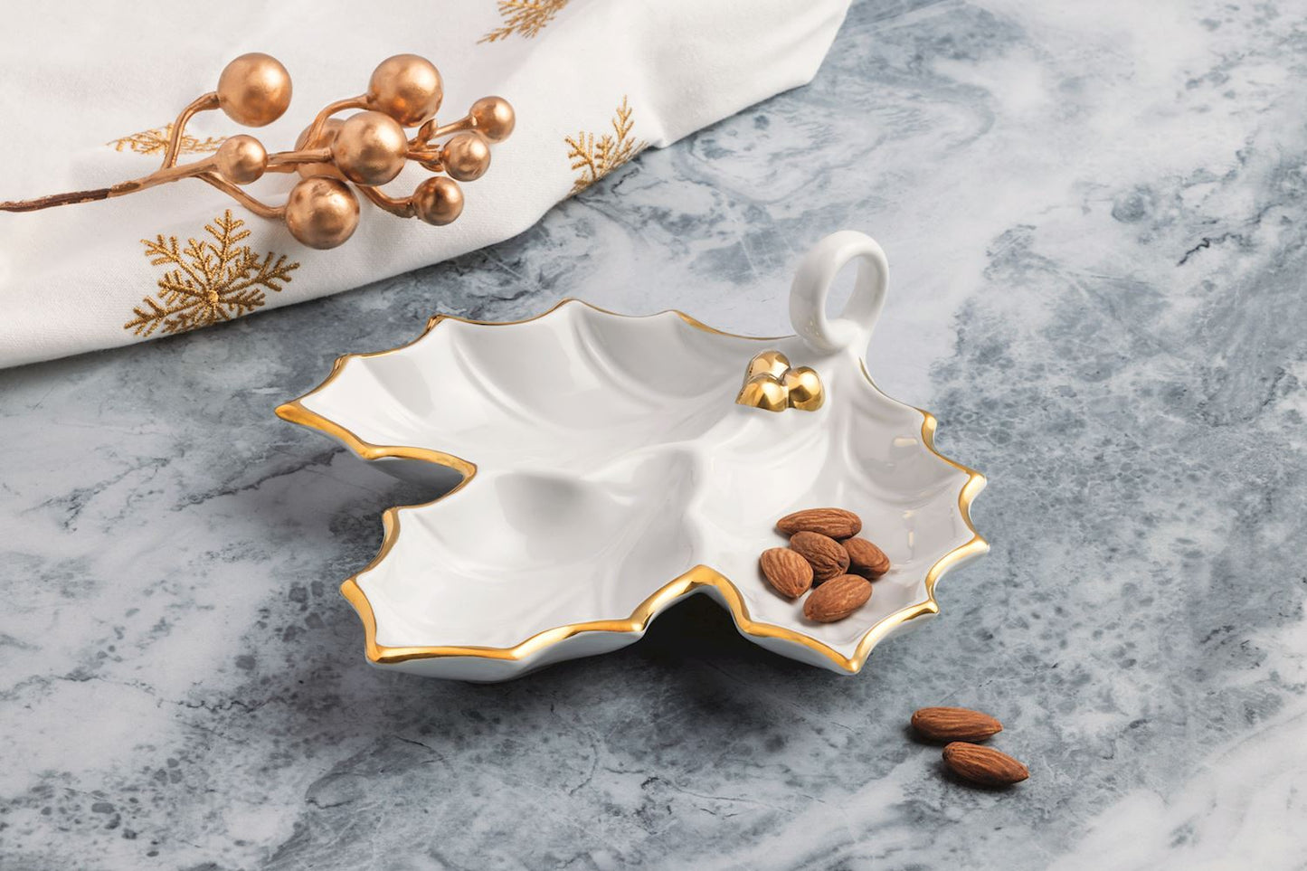 Cream Holly Dish with Gold Edge.