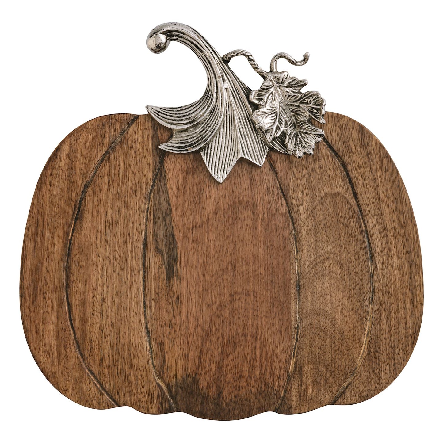Mango wood pumpkin shaped board with cast aluminum stem handle.