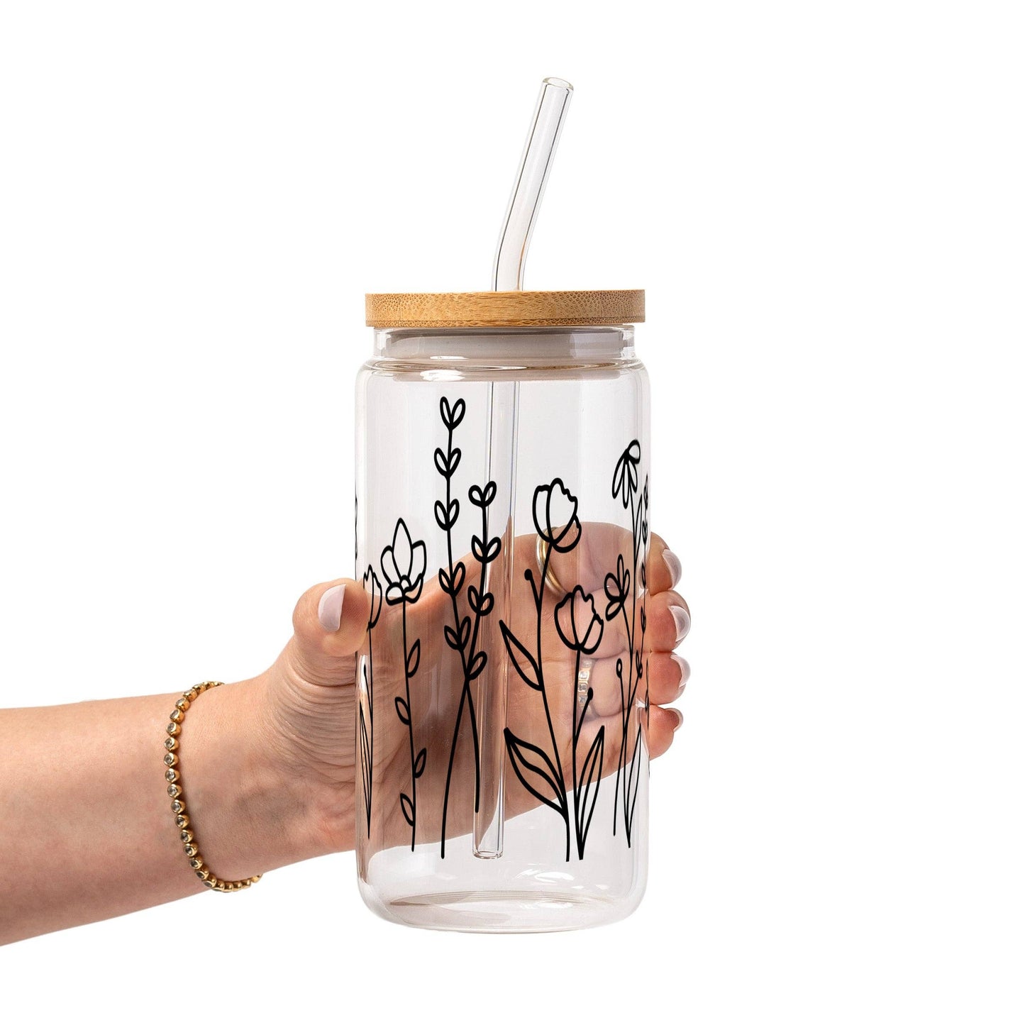 Sip-Sip Hooray! - Black Wildflower Glass Cup, Mug & Tumbler with Lid and Straw: 16oz Clear Glass