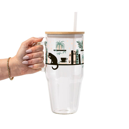 Book Shelves With Kitty and Plants Glass Cup, Mug & Tumbler