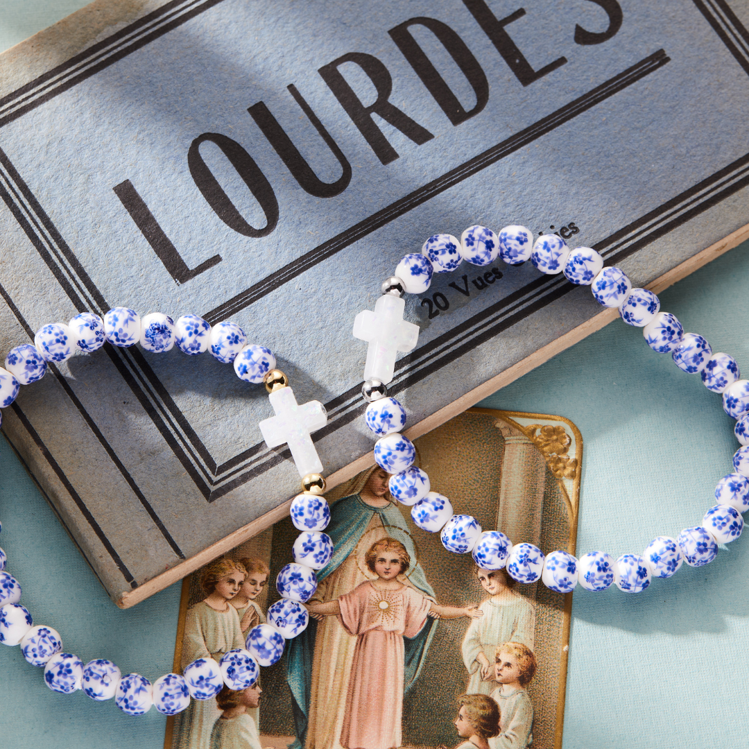 Holy Water Porcelain Cross Bracelet: Gold Spacer Beads