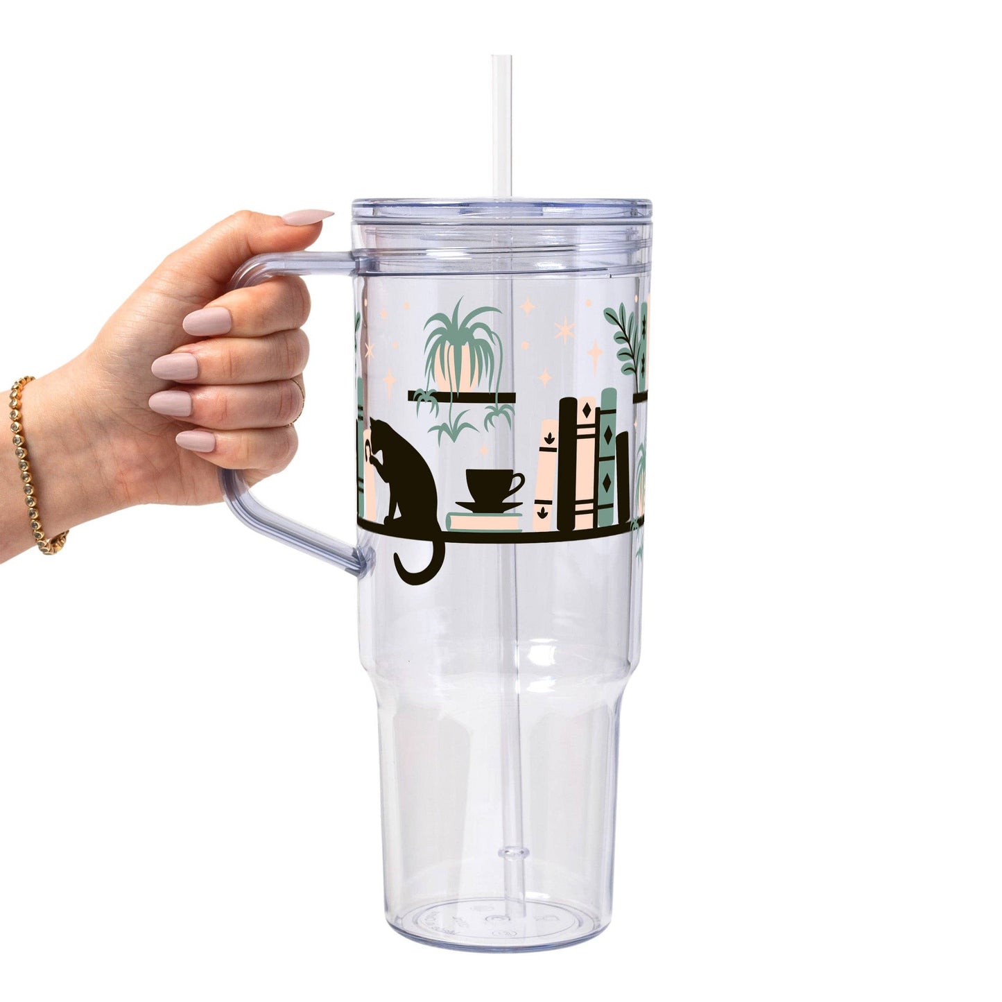 Book Shelves With Kitty and Plants Glass Cup, Mug & Tumbler