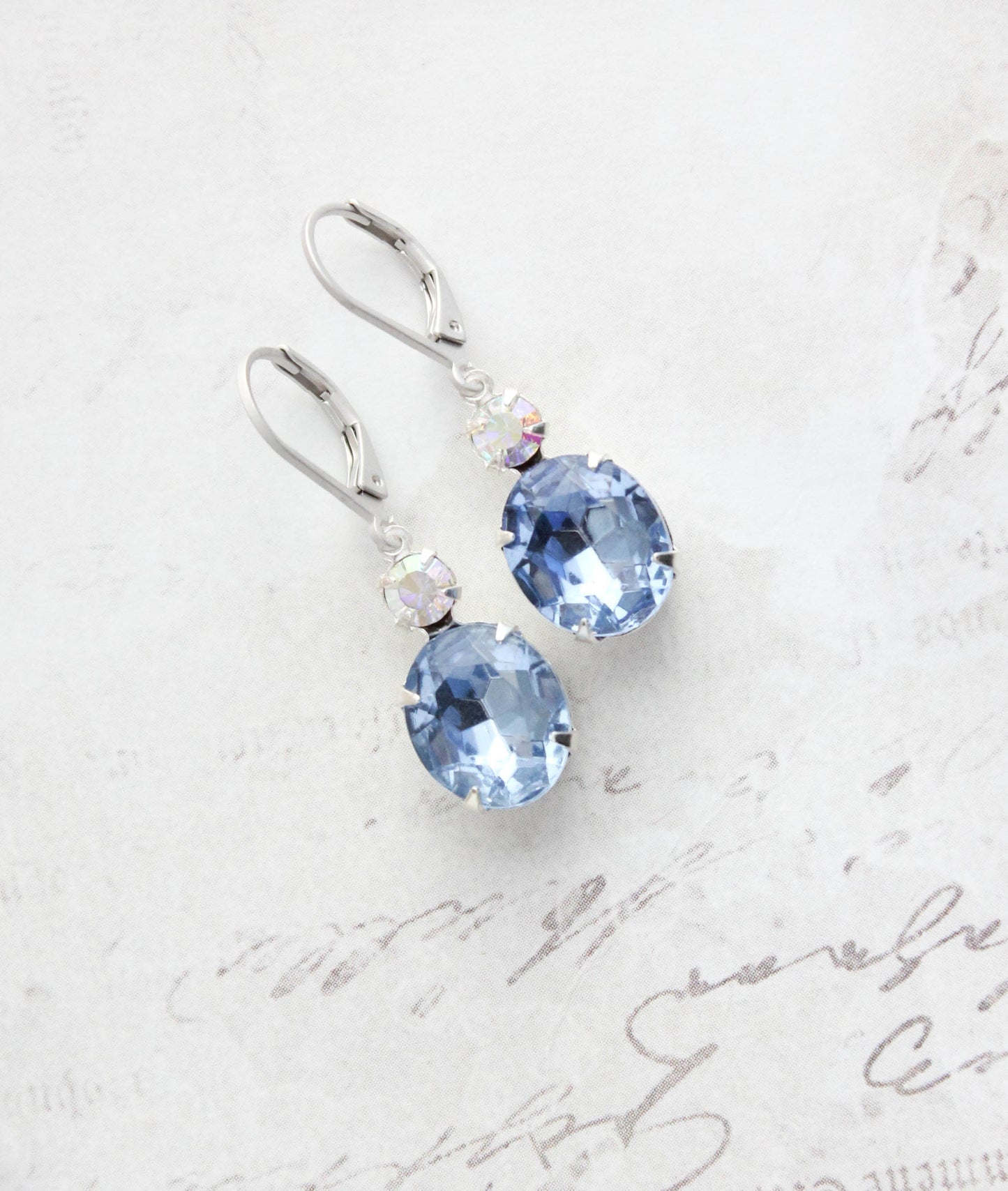 A Pocket of Posies - Oval Drop Earrings - Vintage Glass - Light Sapphire Blue