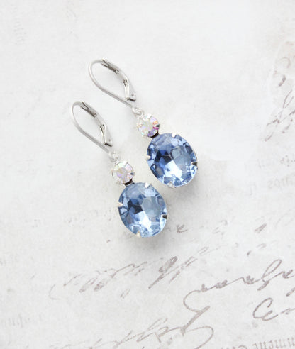 A Pocket of Posies - Oval Drop Earrings - Vintage Glass - Light Sapphire Blue