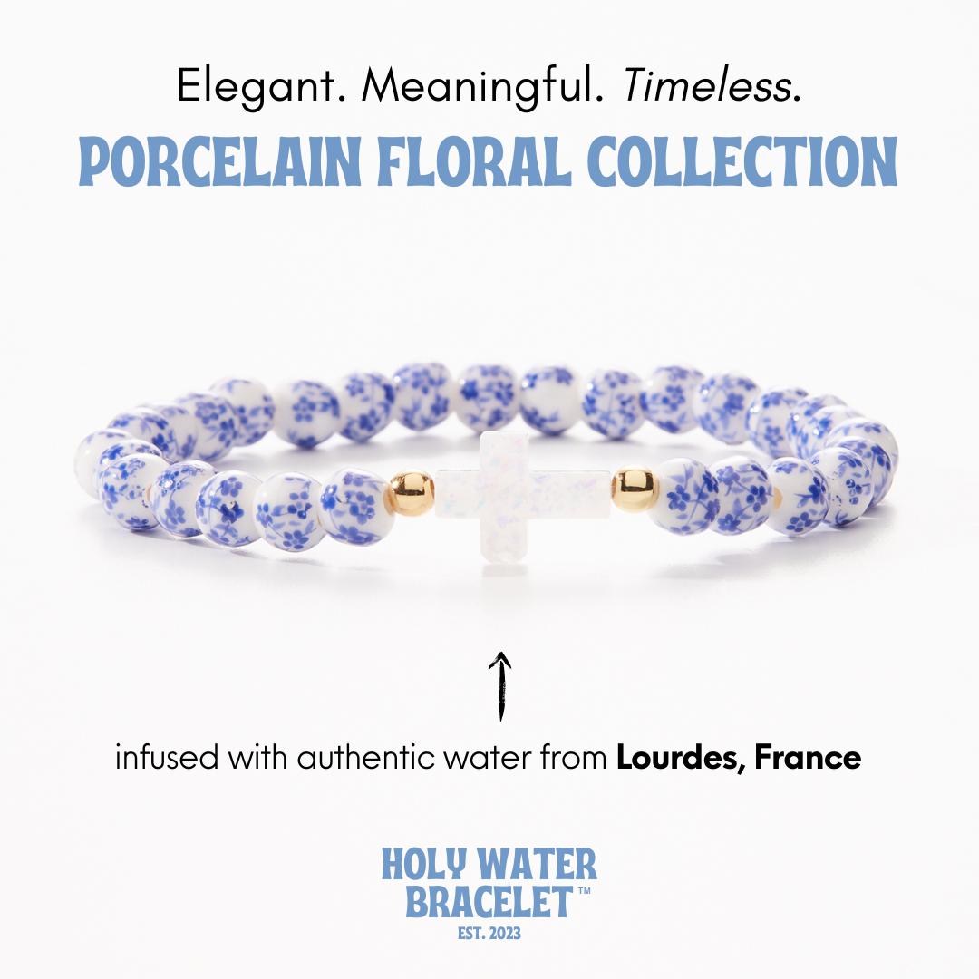 Holy Water Porcelain Cross Bracelet: Gold Spacer Beads