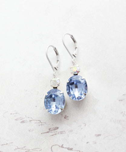 A Pocket of Posies - Oval Drop Earrings - Vintage Glass - Light Sapphire Blue