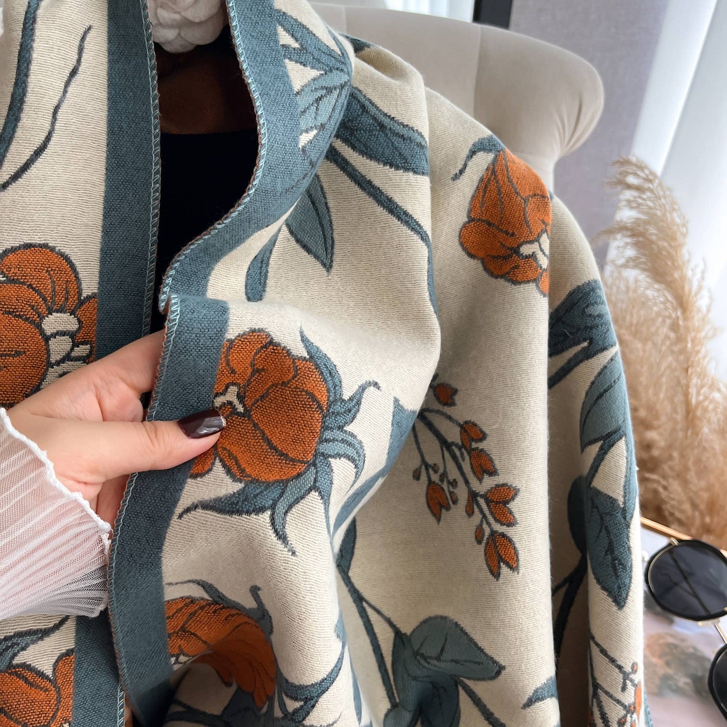 Turq / Brown Wild Rose Reversible Wrap