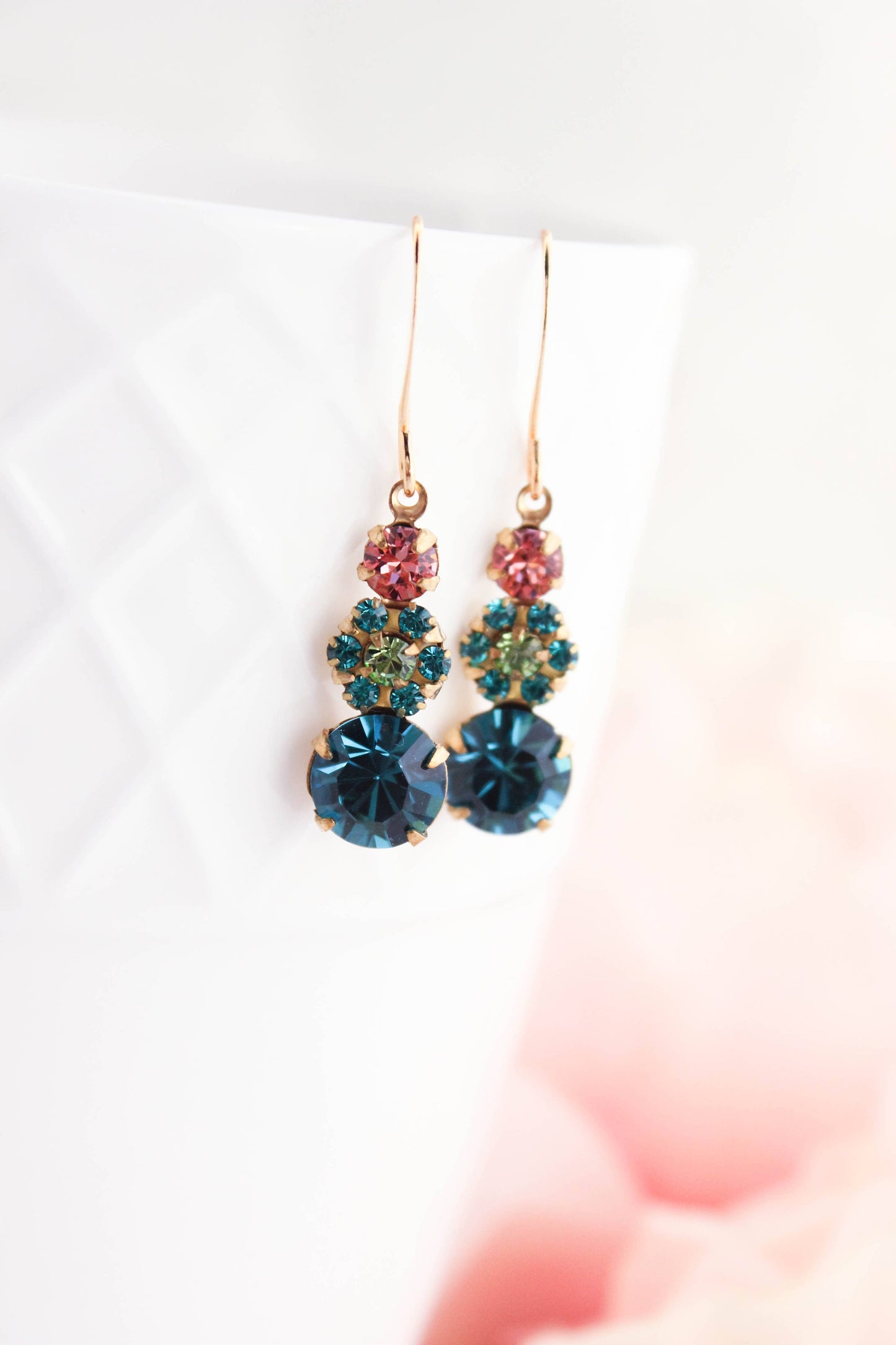 A Pocket of Posies - Deep Teal and Peach Earrings | Vintage Glass | Jewel Tones